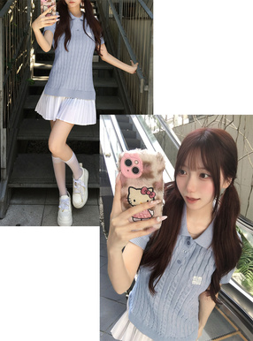 裾プリーツケーブルポロニットワンピース