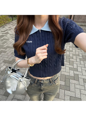 配色ダブルカラージップケーブル編みニットトップス