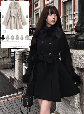 ファーティペット&リボンベルト付きフレアコート