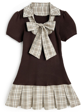 3Wayボウタイ&リボン付きチェック柄ドッキングニットワンピース