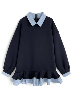 ストライプ柄シャツレイヤード風フリルワンピース