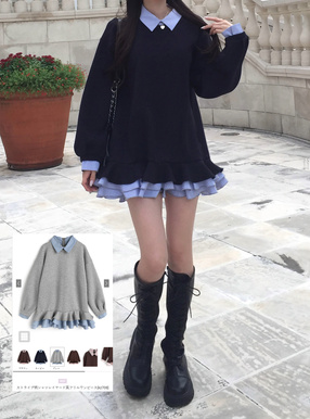 ストライプ柄シャツレイヤード風フリルワンピース