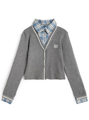 チェック柄シャツレイヤード風ニットトップス