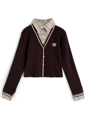 チェック柄シャツレイヤード風ニットトップス