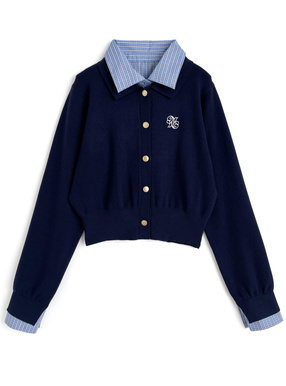 チェック柄シャツレイヤード風ニットカーディガン