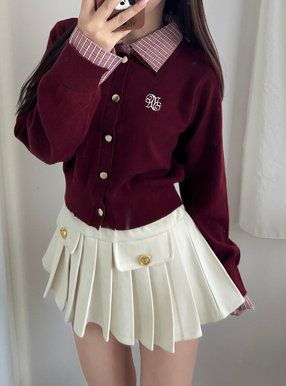 チェック柄シャツレイヤード風ニットカーディガン