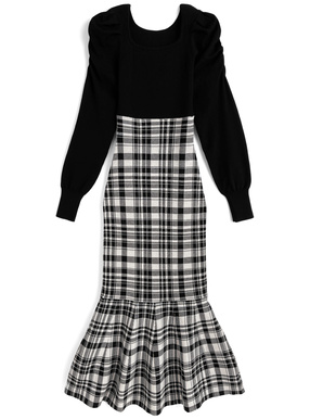 チェック柄切替マーメイドニットワンピース