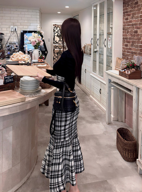 チェック柄切替マーメイドニットワンピース