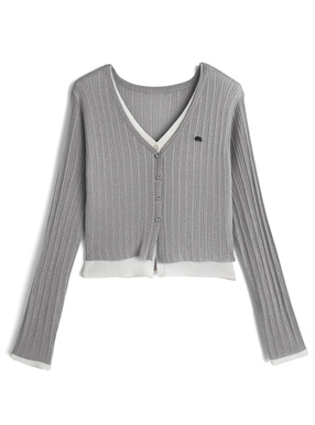 ラメシアー配色レイヤード風リブニットカーディガン