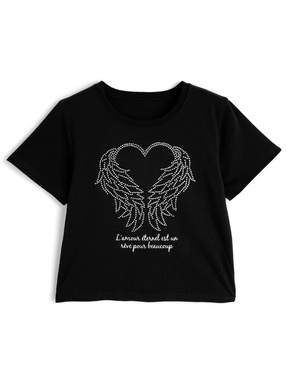 ラインストーンハートウィングロゴTシャツ