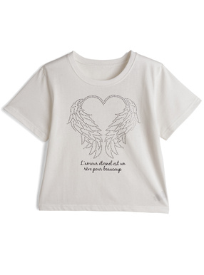 ラインストーンハートウィングロゴTシャツ