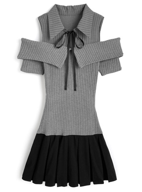 ストライプ柄シャツドッキングニットプリーツワンピース