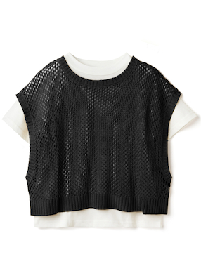 透かし編みショート丈ニットベストXTシャツアンサンブル