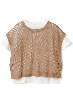 透かし編みショート丈ニットベストXTシャツアンサンブル