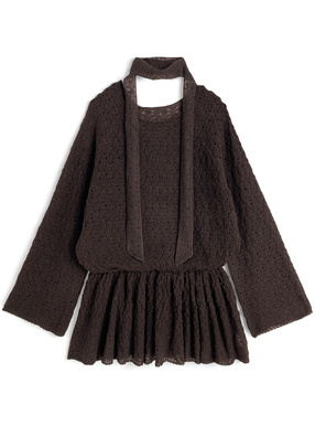 チョーカー付き透かし編みペプラムニットチュニック