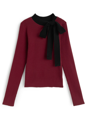 配色リボンリブニットトップス