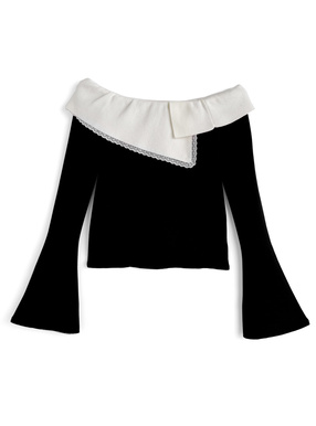 配色レースオフショルダーフレアスリーブニットトップス