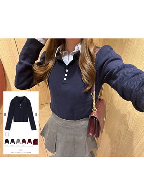スキッパーポロニットトップス