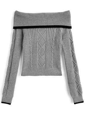 配色ケーブル編みオフショルダーニットトップス