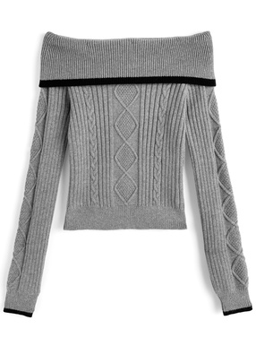 配色ケーブル編みオフショルダーニットトップス