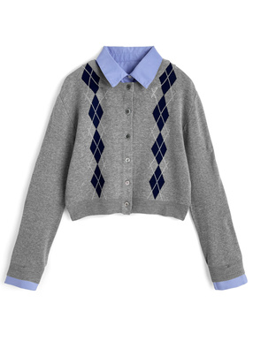 2Wayアーガイル柄シャツレイヤード風ニットカーディガン