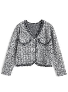 ノーカラーフリンジシャギーニットカーディガン