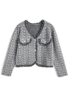 ノーカラーフリンジシャギーニットカーディガン