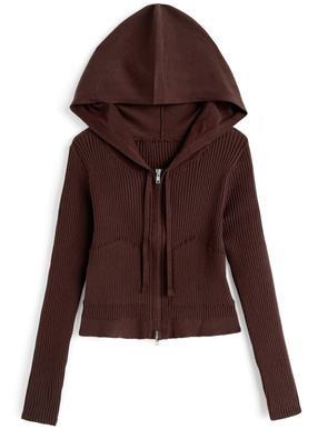 フード付きダブルジップリブニットパーカー