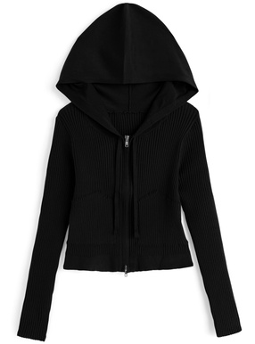 フード付きダブルジップリブニットパーカー