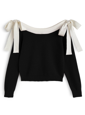 2Way配色サイドリボンオフショルダーニットトップス