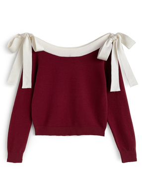 2Way配色サイドリボンオフショルダーニットトップス