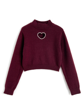 ハートカットアウトパールハイネックニットトップス