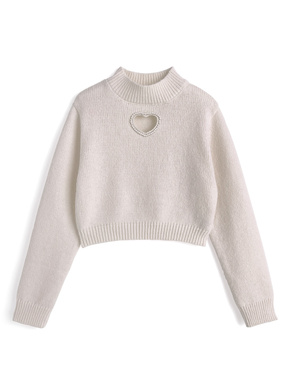 ハートカットアウトパールハイネックニットトップス