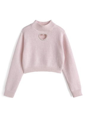 ハートカットアウトパールハイネックニットトップス