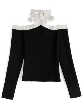 配色ホルターネックオフショルダーニットトップス