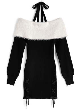 ホルターネックシャギーオフショルダーレースアップリブニットミニワンピース