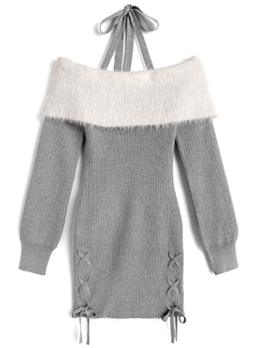 ホルターネックシャギーオフショルダーレースアップリブニットミニワンピース