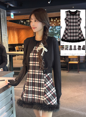 チェック柄ファードッキングノースリーブニットワンピース