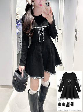 ギンガムチェック柄リボンフレアニットワンピース