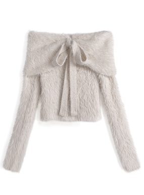 2Wayシャギーオフショルダーリボンニットトップス