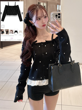 ドット柄オフショルダーニットトップス