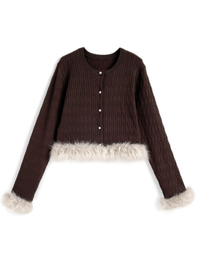 ファーケーブル編みニットカーディガン