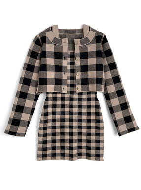 チェック柄カーディガン×キャミソールミニワンピースニットセットアップ