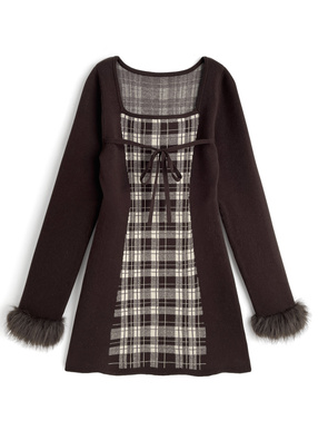 チェック柄ファーリボンニットワンピース