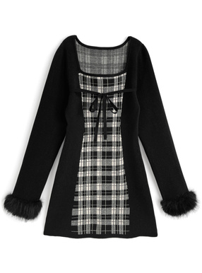 チェック柄ファーリボンニットワンピース