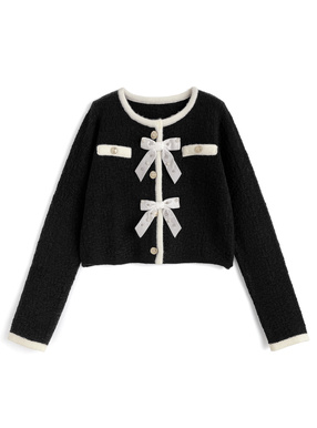 ビジューリボン配色ニットカーディガン