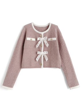 ビジューリボン配色ニットカーディガン