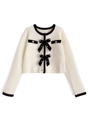 ビジューリボン配色ニットカーディガン