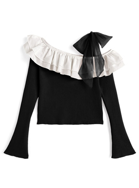 フリルドッキングワンショルダーリボンニットトップス