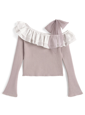 フリルドッキングワンショルダーリボンニットトップス